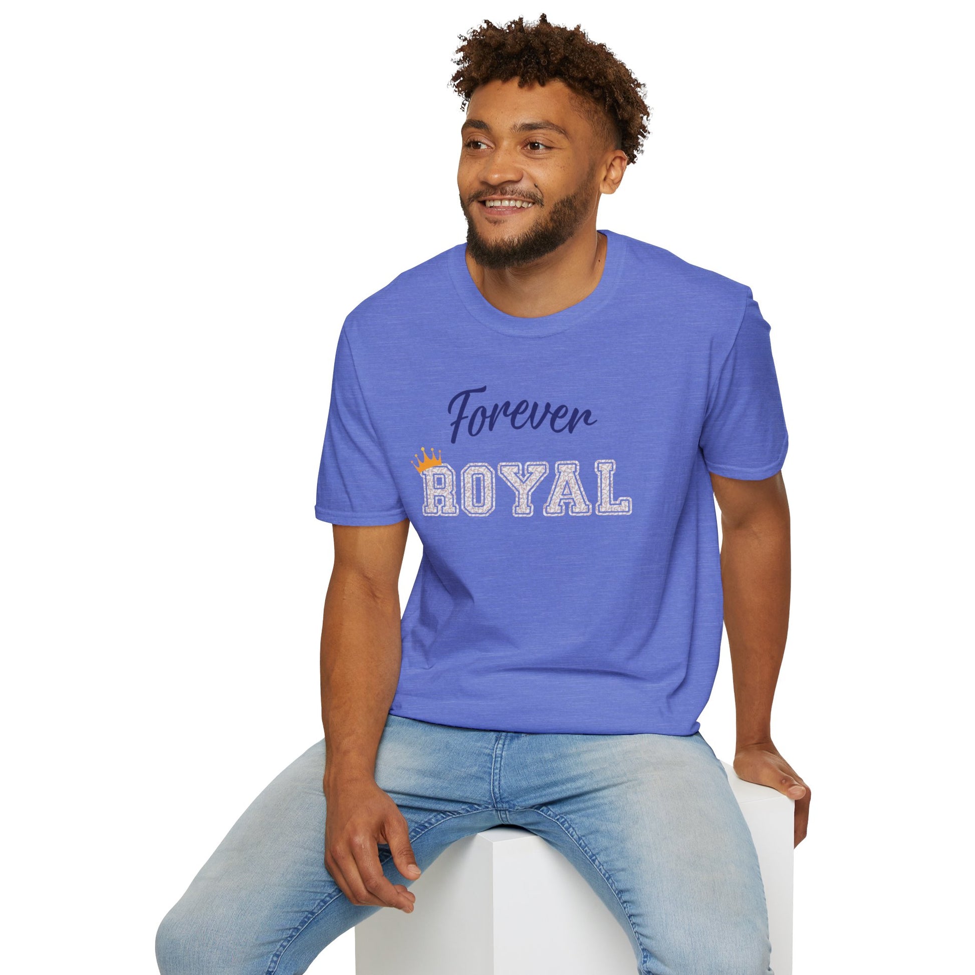 A gray t-shirt from the KC Inspirations collection featuring the text "Forever Royal" printed on the front in blue and white letters, with a small crown accent above "Royal," perfect for Kansas City Royals fans. The product, Forever Royal Baseball - Kansas City Royals Inspired T-Shirt, embodies team spirit and pride.