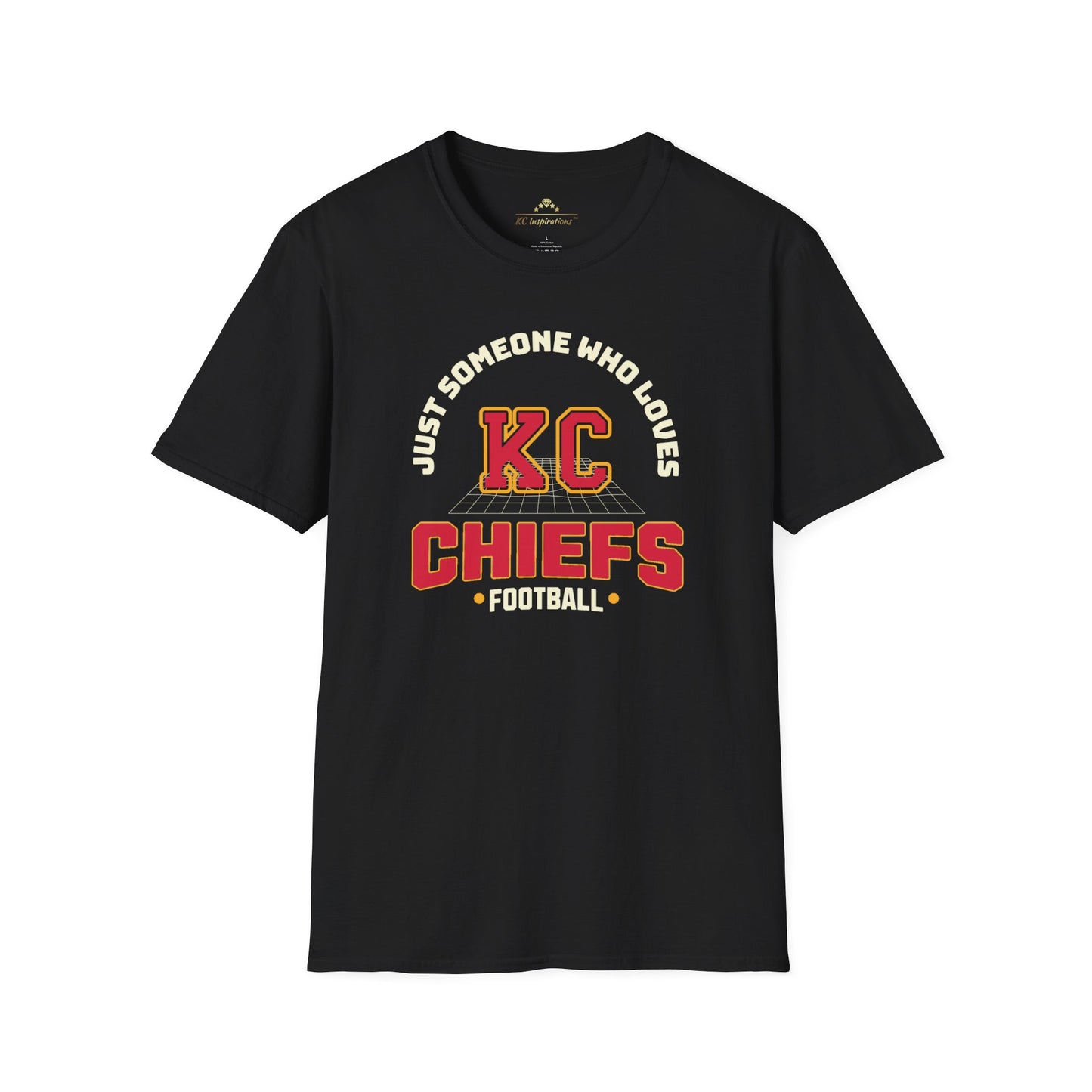 A Just Someone Who Loves - Kansas City Chiefs Inspired T-Shirt by KC Inspirations featuring the text "Just Someone Who Loves KC Chiefs Football" in red and white lettering. The design includes a stylized football between "KC" and "CHIEFS," perfect for showcasing your Kansas City Chiefs pride.