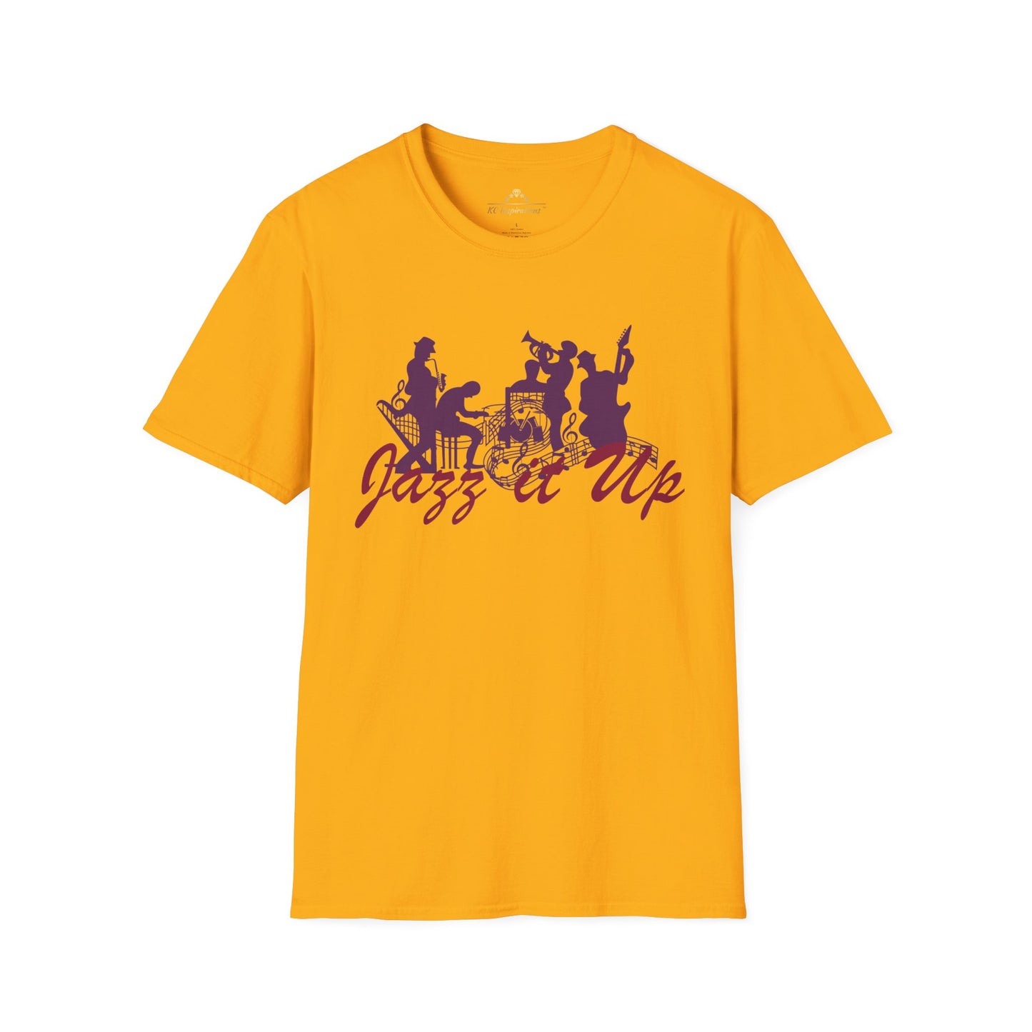 Teal-colored t-shirt featuring the silhouette of jazz musicians and dancers in purple. The text "Jazz it Up" is prominently displayed in stylish purple lettering underneath the silhouettes, making this KC Inspirations Jazz It Up - K.C. Jazz Inspired T-Shirt a tribute to the vibrant KC Jazz scene.