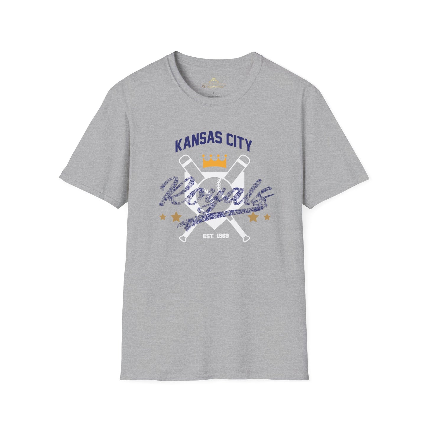 A blue T-shirt with the text "Kansas City Royals" at the top, a yellow crown above crossed baseball bats in the center, and "EST. 1969" below. The KC Royal Graphic Blend - Kansas City Royals Inspired T-Shirt from KC Inspirations also features the Royals' logo with two stars on either side, showcasing true team spirit.