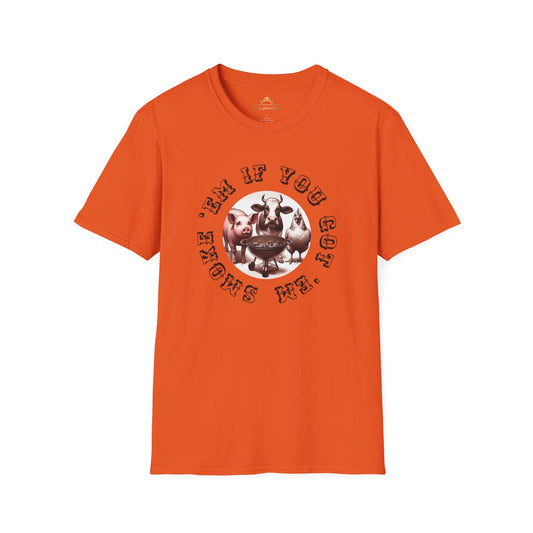 Orange Smoke 'Em If You Got 'Em - K.C. BBQ Inspired T-Shirt by KC Inspirations with a retro design featuring a circular graphic of various characters and text that reads "Smokin' 'Em If You Got 'Em," reminiscent of Kansas City barbecue.