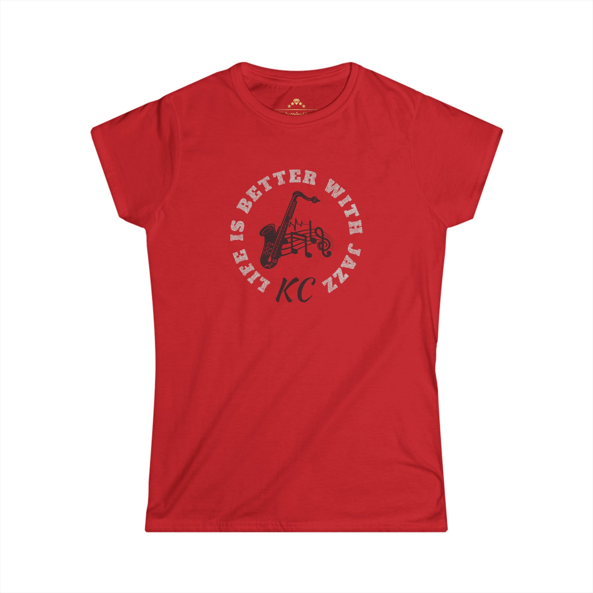 A red "Life Is Better With Jazz - K.C. Jazz Inspired Women's T-Shirt" by KC Inspirations showcases a stylish silhouette of a saxophone player amid musical notes. Encircling the image is the phrase, with "KC" at the bottom. Perfect for Kansas City jazz enthusiasts or as a standout piece at any jazz festival.