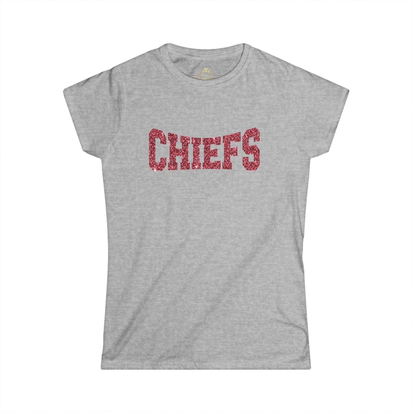 A black T-shirt, inspired by the Kansas City Chiefs, features the word "CHIEFS" in large, red glittery letters across the chest. This Red Sparkle Chiefs - Kansas City Chiefs Inspired Women's T-Shirt from KC Inspirations comes with short sleeves and a crew neckline—perfect game day attire.