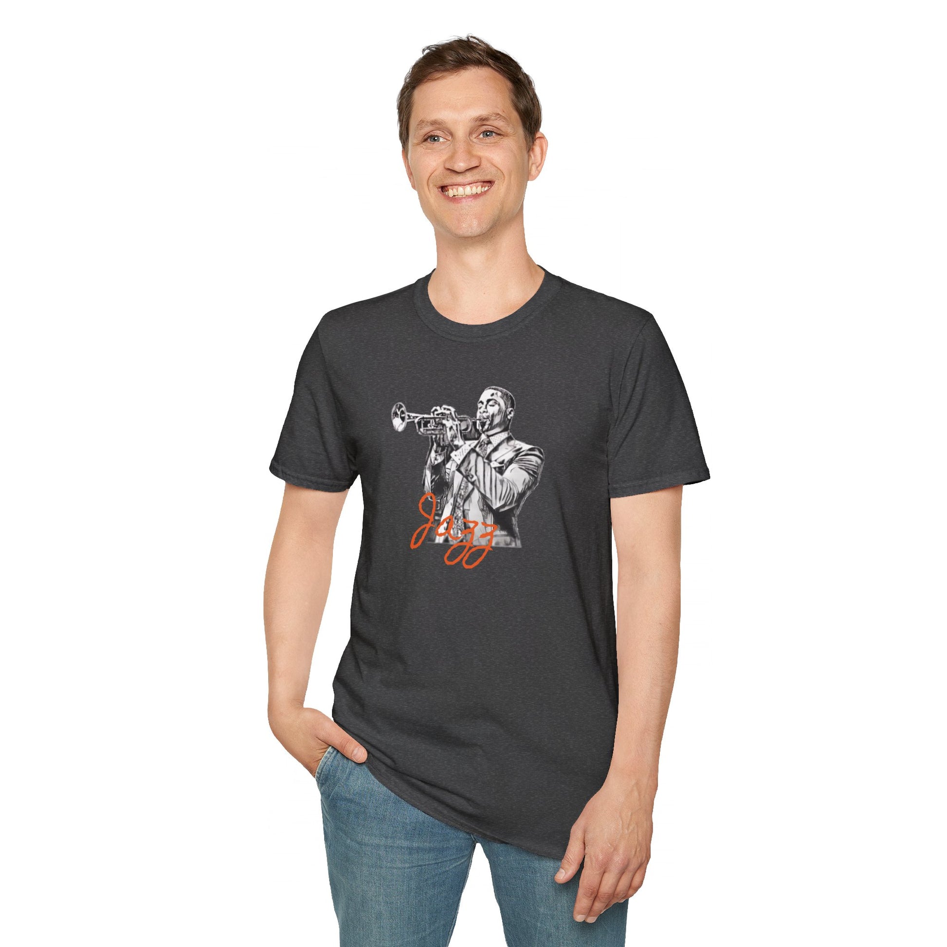 A blue T-shirt featuring a monochrome illustration of a jazz musician playing a trumpet, with the word "Jazz" in red script underneath the image. Perfect for music lovers and fans of Kansas City Jazz, The Trumpeter - KC Jazz Inspired T-Shirt by KC Inspirations is an ideal choice.