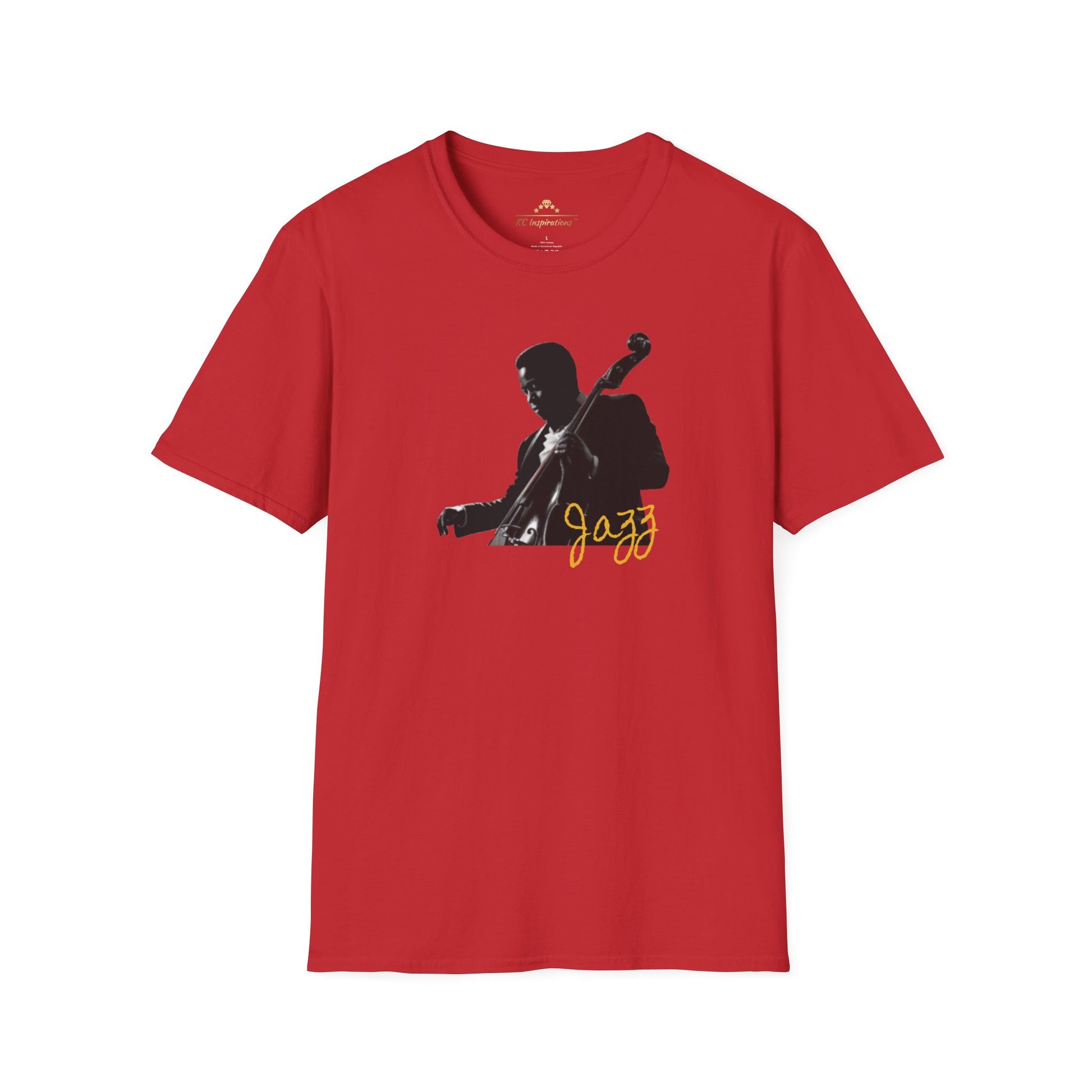 A red T-shirt displaying a graphic of a jazz musician playing a double bass. The word "Jazz" is written in yellow script below the musician, capturing the essence of Kansas City Jazz. Perfect for music lovers, it evokes the timeless vibe of classic jazz clubs. Featuring "The Bassist - KC Jazz Inspired T-Shirt" by KC Inspirations.