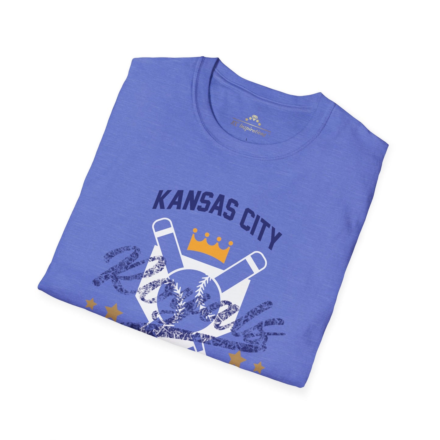 A blue T-shirt with the text "Kansas City Royals" at the top, a yellow crown above crossed baseball bats in the center, and "EST. 1969" below. The KC Royal Graphic Blend - Kansas City Royals Inspired T-Shirt from KC Inspirations also features the Royals' logo with two stars on either side, showcasing true team spirit.