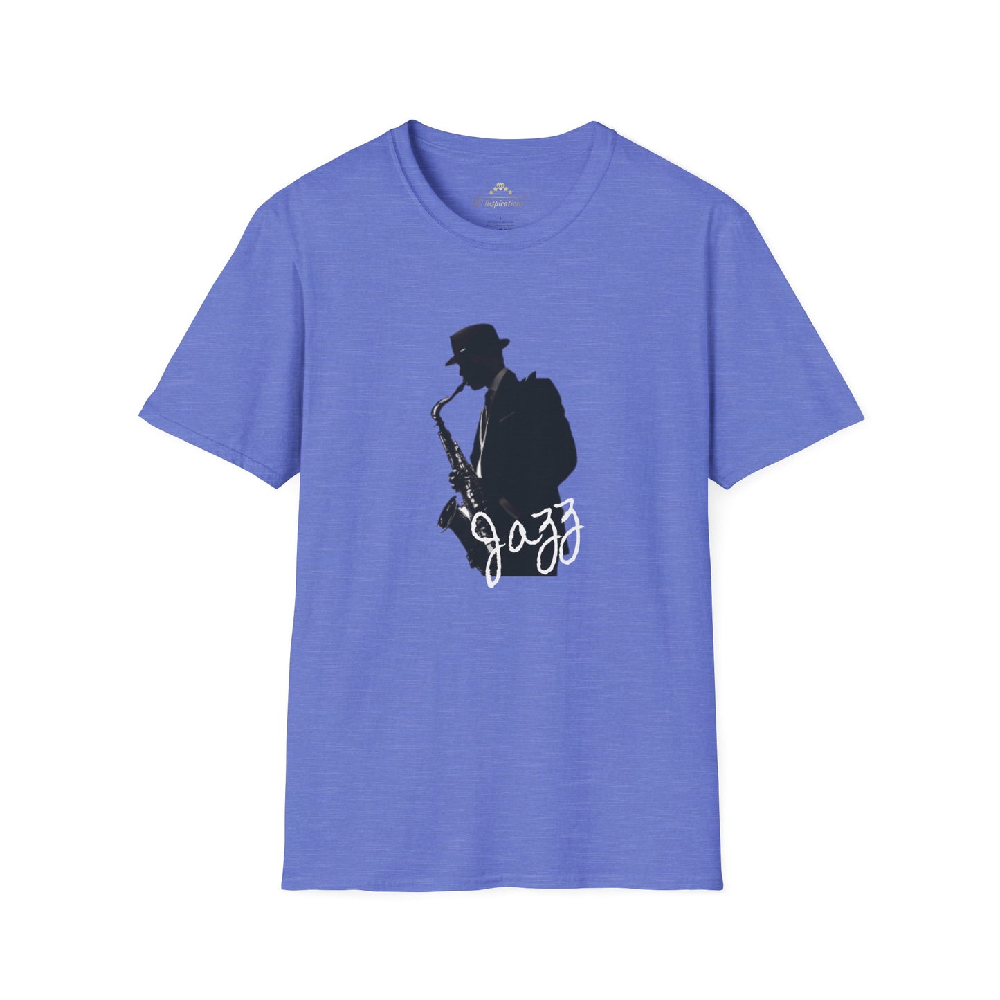 The Saxophonist - KC Jazz Inspired T-Shirt by KC Inspirations is a blue t-shirt featuring a black silhouette of a saxophonist wearing a hat, with the word "Jazz" written in white cursive text below the image. Perfect for music lovers and fans of Kansas City Jazz.