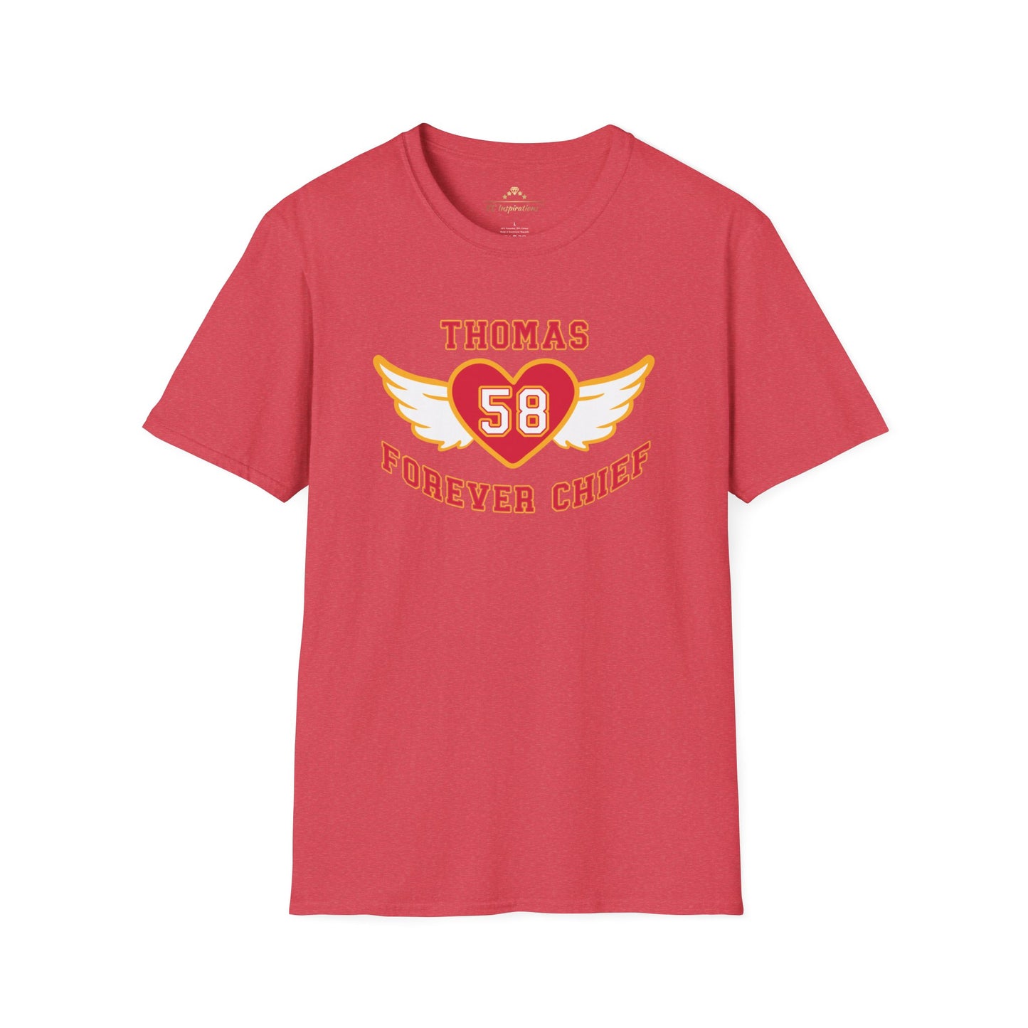 a red unisex t-shirt with graphics that say Thomas Forever Chief with a heart and angel wings and the number 58 inside the heart