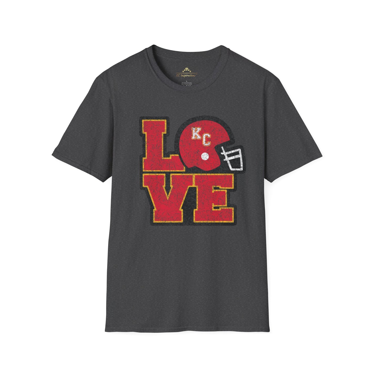 Introducing the LOVE KC - Distressed - Kansas City Chiefs Inspired T-Shirt by KC Inspirations: a dark gray vintage tee showcasing a unique graphic design featuring the word "LOVE" in red and gold. The "O" is cleverly replaced with a red football helmet adorned with the initials "KC" in yellow, making it perfect gear for any Kansas City Chiefs fan.