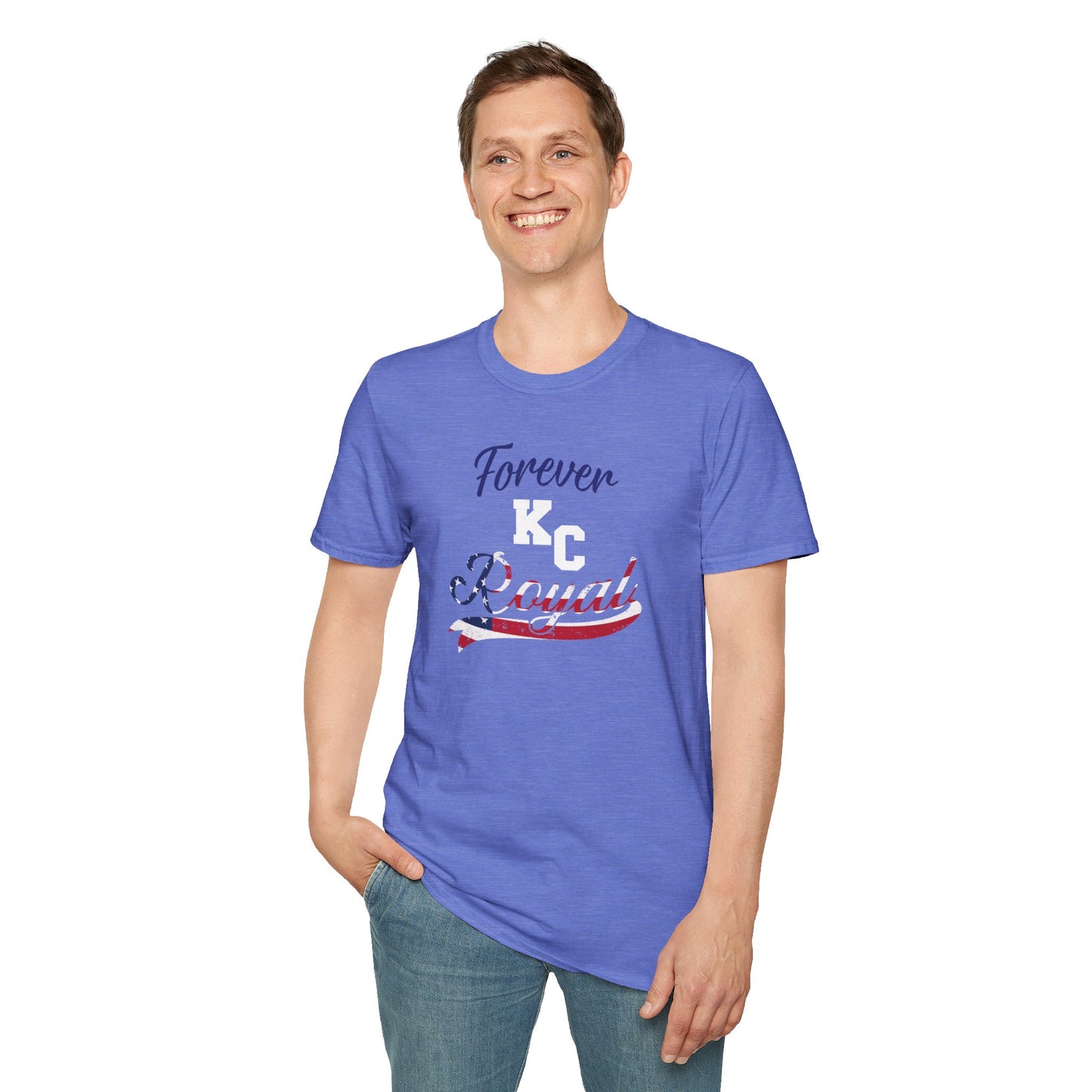 A black t-shirt with "Forever KC Royal" printed on it. The word "KC" is in bold white letters, "Royal" has an American flag pattern, and "Forever" is in blue cursive, perfect for showing team spirit as part of the Forever Royal American - Kansas City Royals Inspired T-Shirt collection by KC Inspirations.