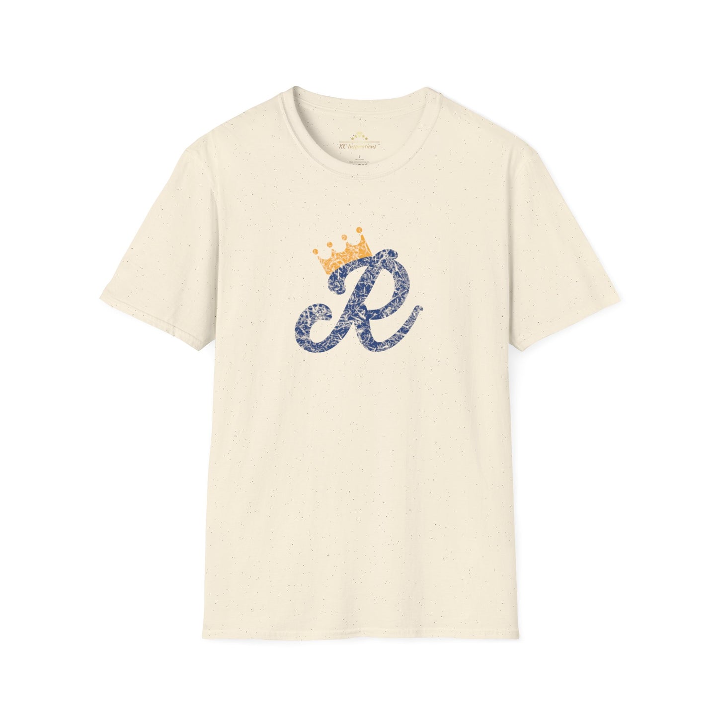 A Royal Monogram - Kansas City Royals Inspired T-Shirt by KC Inspirations in blue features a stylized letter "R" in dark blue textured print on the front, with a small golden crown above it. Perfect for Royals fandom, this short-sleeved tee has a classic crew neckline.