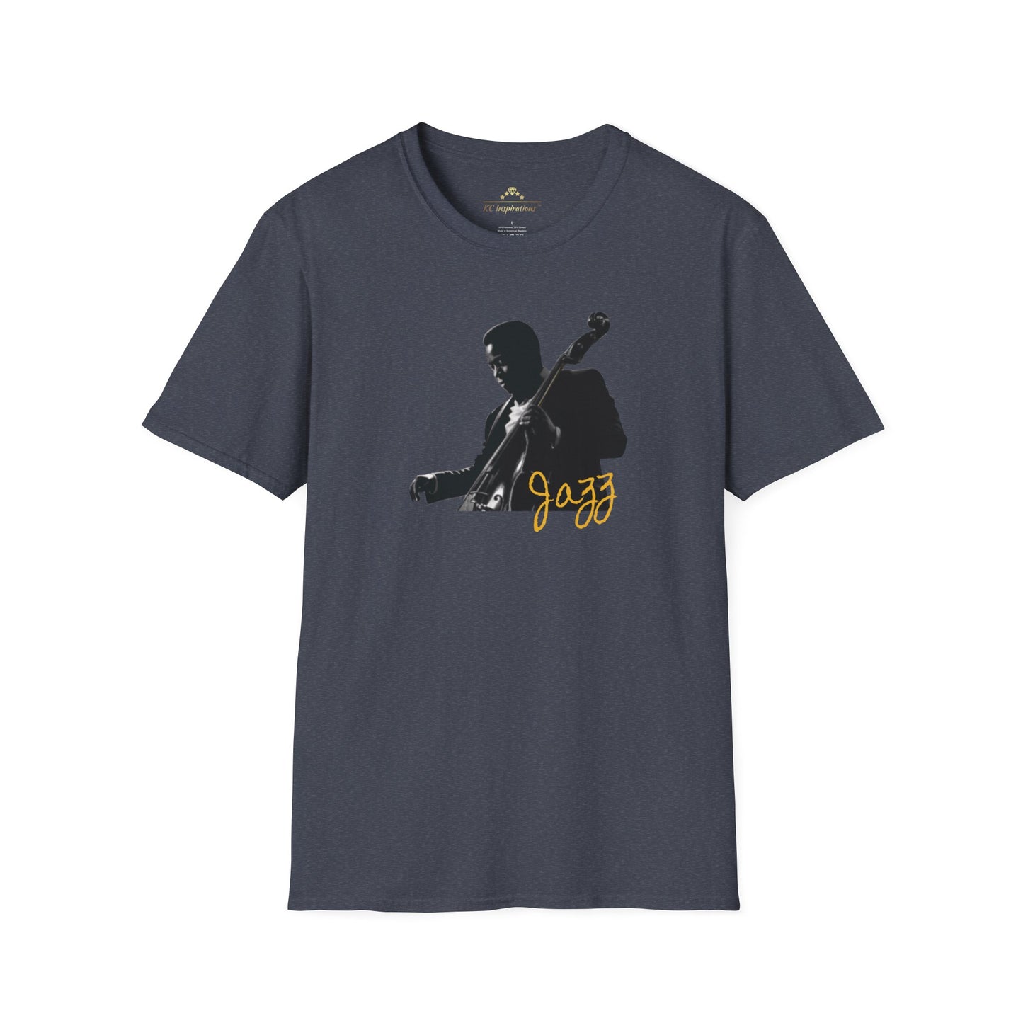 A red T-shirt displaying a graphic of a jazz musician playing a double bass. The word "Jazz" is written in yellow script below the musician, capturing the essence of Kansas City Jazz. Perfect for music lovers, it evokes the timeless vibe of classic jazz clubs. Featuring "The Bassist - KC Jazz Inspired T-Shirt" by KC Inspirations.