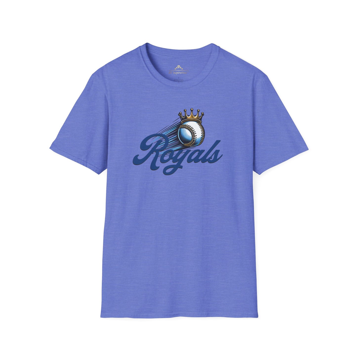 A Blue Streak Baseball - Kansas City Royals Inspired T-Shirt featuring the word "Royals" in a scripted font. Above the text is a baseball with a crown, suggesting it's a royalty-themed baseball team logo. Part of the Royals fandom collection by KC Inspirations, this modern fit shirt is displayed against a plain white background.