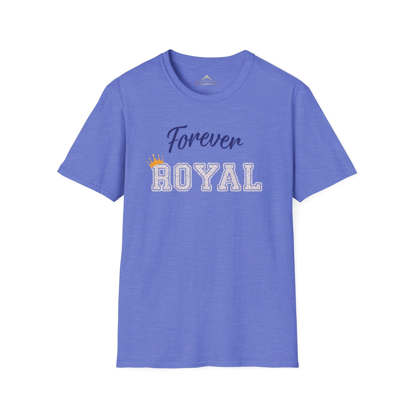 A gray t-shirt from the KC Inspirations collection featuring the text "Forever Royal" printed on the front in blue and white letters, with a small crown accent above "Royal," perfect for Kansas City Royals fans. The product, Forever Royal Baseball - Kansas City Royals Inspired T-Shirt, embodies team spirit and pride.