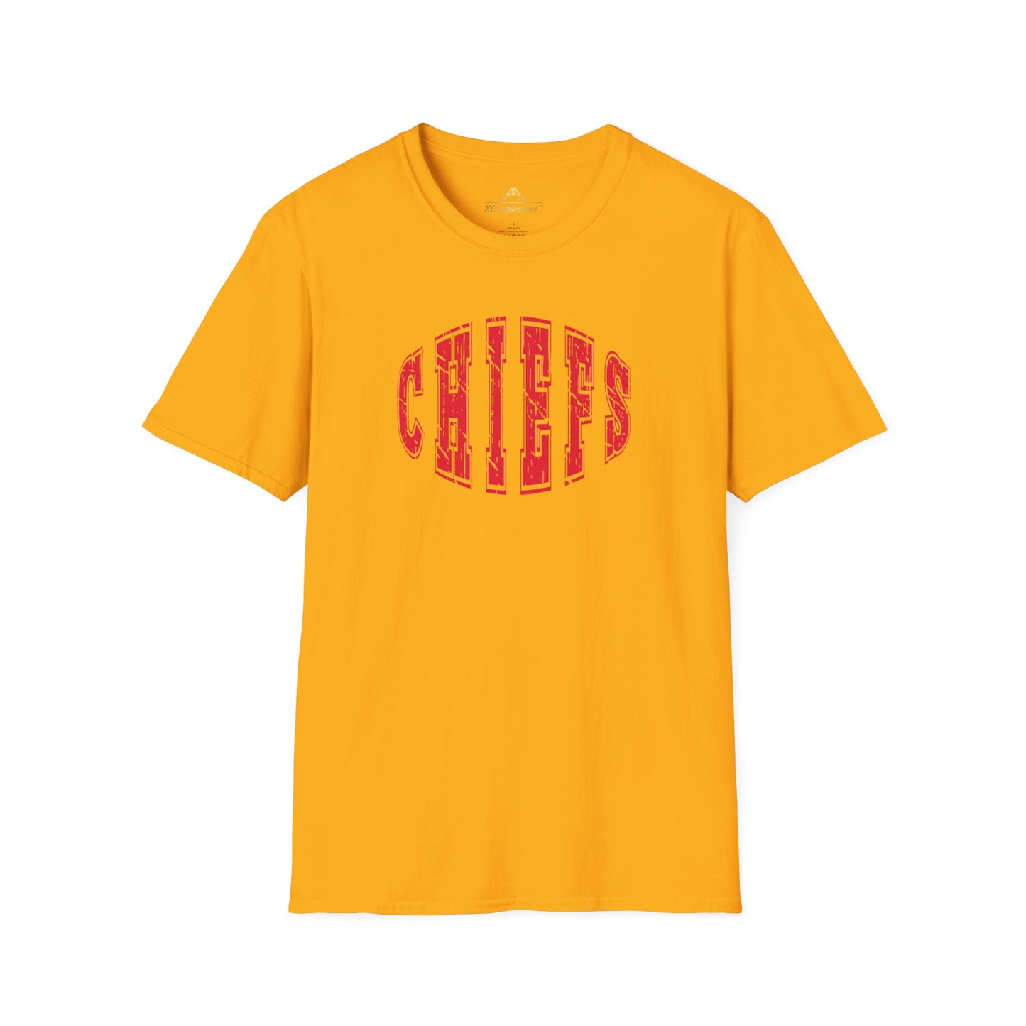 A Football Chiefs Vintage - Kansas City Chiefs Inspired T-Shirt by KC Inspirations with the word "CHIEFS" printed in large, red, bold letters across the chest. The letters have a slightly weathered look, giving the shirt a vintage feel. This Kansas City Chiefs gear features a classic round neck and short sleeves.