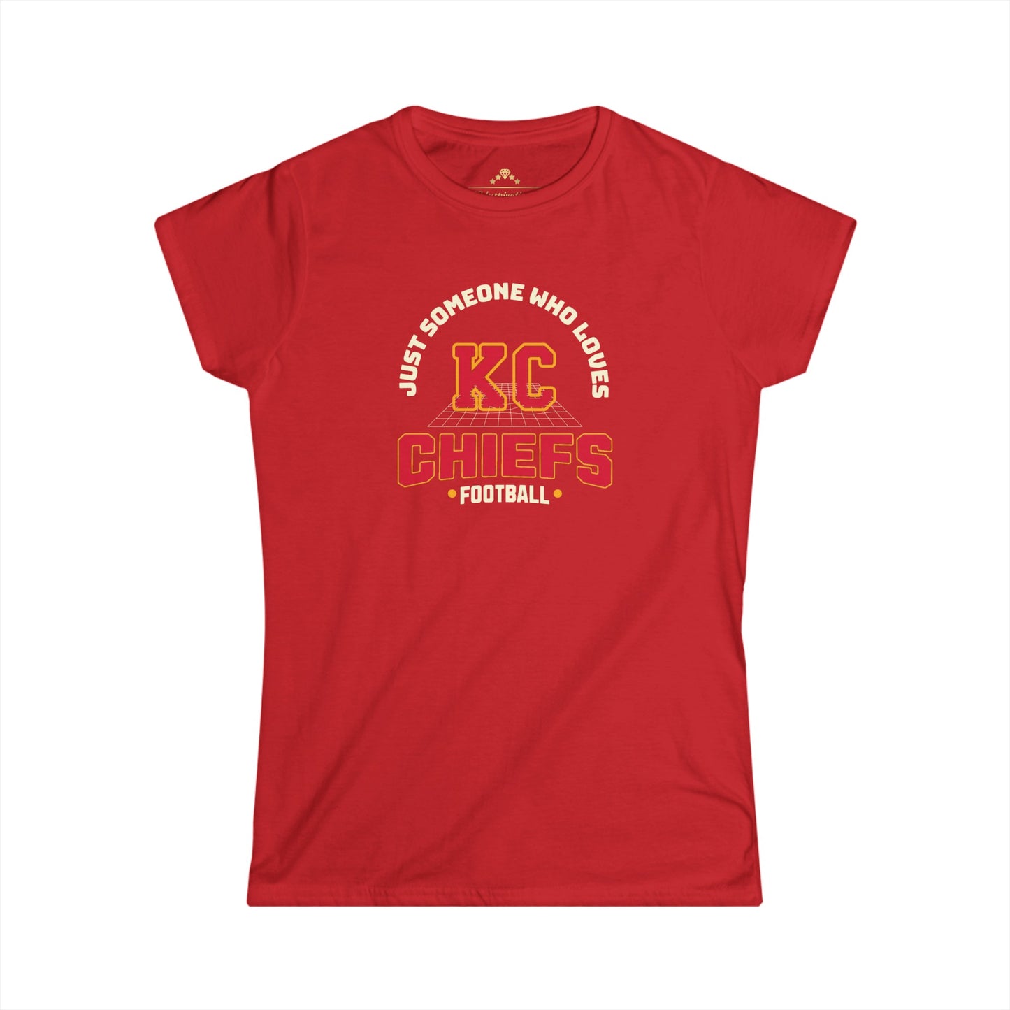 A red Kansas City Chiefs t-shirt with a design in the center that says "Just Someone Who Loves KC Chiefs Football" in white and yellow text. The letters "KC" are prominently displayed in a larger, bold font, making it perfect team spirit apparel for tailgating wear. This is the Just Someone Who Loves - Kansas City Chiefs Inspired Women's T-Shirt by KC Inspirations.