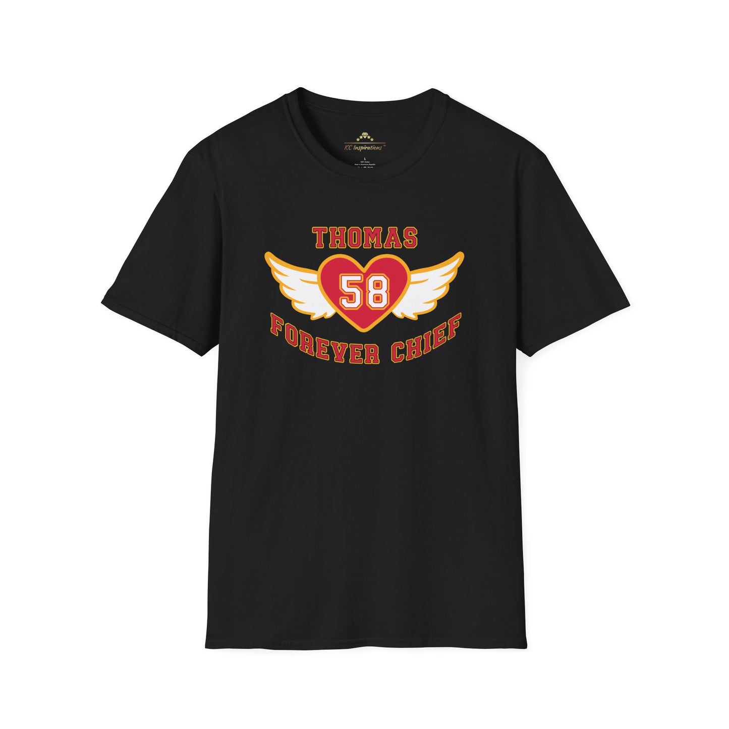 a red unisex t-shirt with graphics that say Thomas Forever Chief with a heart and angel wings and the number 58 inside the heart