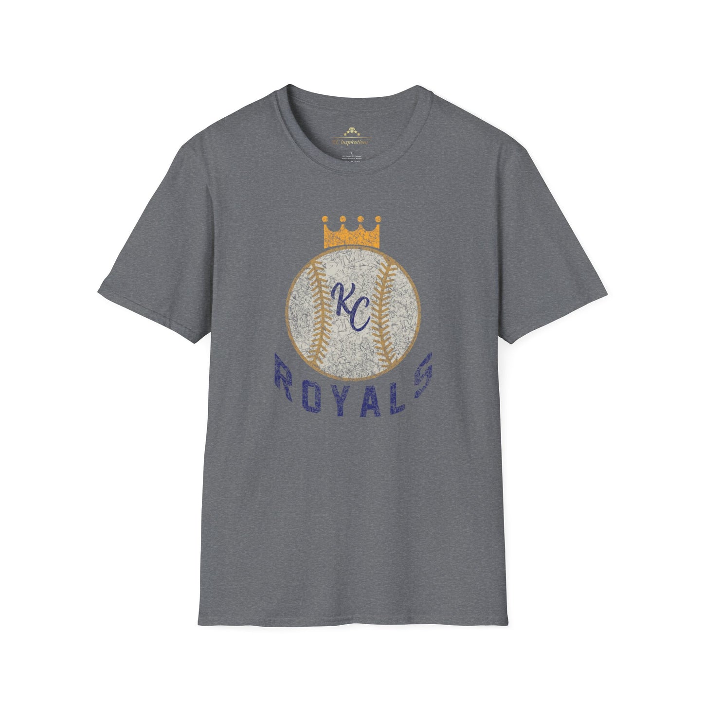 Light blue vintage Crown Baseball - Kansas City Royals Inspired T-Shirt featuring a graphic of a baseball with a crown on top. The letters "KC" are written in the center of the ball, and "Royals" is written in bold, navy blue text below the baseball graphic—a perfect tribute for Kansas City Royals fandom by KC Inspirations.