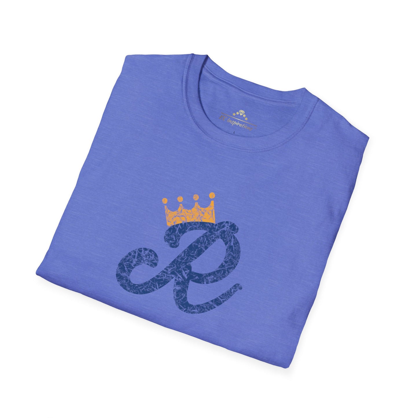 A Royal Monogram - Kansas City Royals Inspired T-Shirt by KC Inspirations in blue features a stylized letter "R" in dark blue textured print on the front, with a small golden crown above it. Perfect for Royals fandom, this short-sleeved tee has a classic crew neckline.