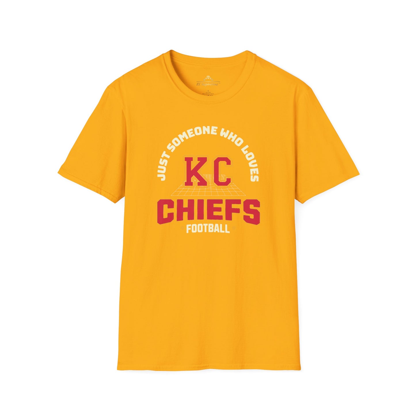 A golden-yellow t-shirt featuring the text "JUST SOMEONE WHO LOVES KC CHIEFS FOOTBALL". The typography is predominantly in white and red, with "KC" and "CHIEFS" standing out in bold red letters, perfect for showcasing your Chiefs pride. This is the Just Someone Who Loves - Kansas City Chiefs Inspired T-Shirt by KC Inspirations.