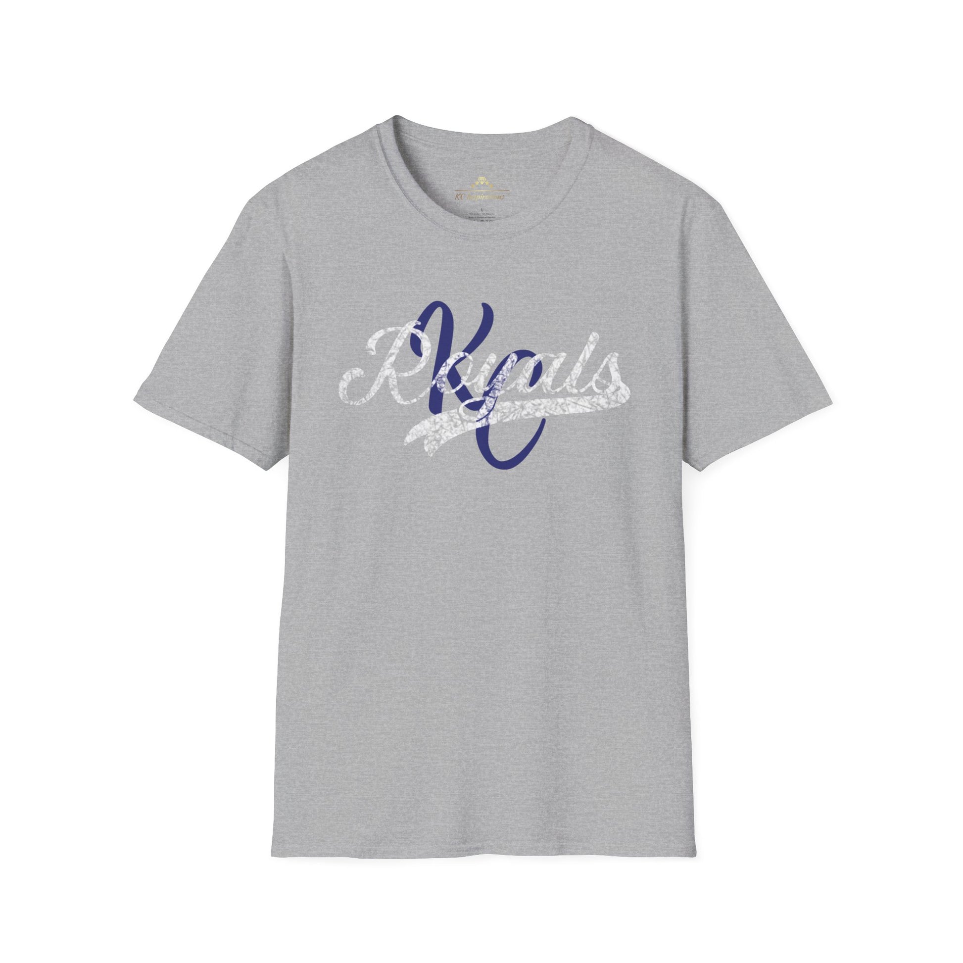 A gray vintage t-shirt featuring the word "Royals" in distressed graphics, written in a decorative script font across the chest in white and dark blue lettering. The short-sleeved Royal KC Semi Distressed - Kansas City Royals Inspired T-Shirt by KC Inspirations is displayed against a plain white background.