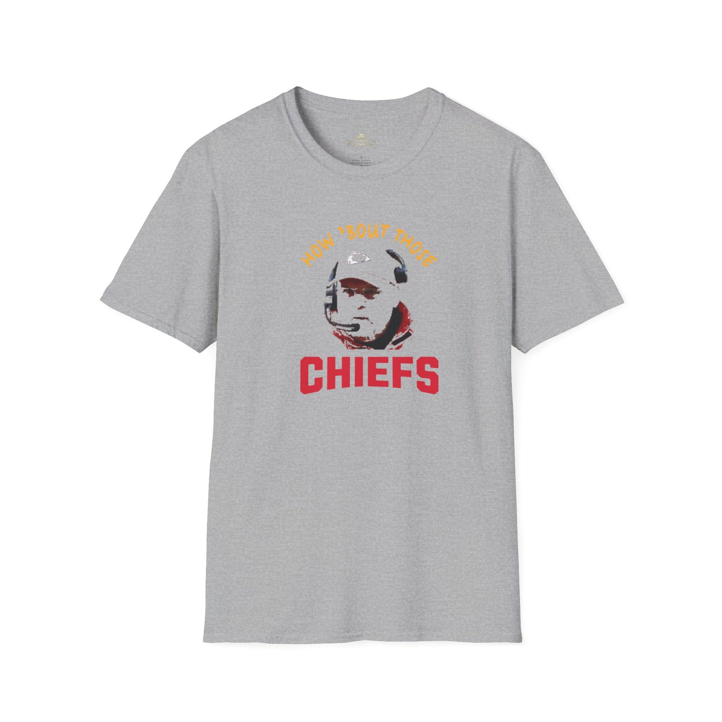 The Printify How 'Bout Those Chiefs - Kansas City Chiefs Inspired T-Shirt: Red featuring the text "HOW 'BOUT THOSE CHIEFS" in yellow and red above a stylized image of Andy Reid's face. The word "CHIEFS" is prominently displayed in large red letters beneath the image.