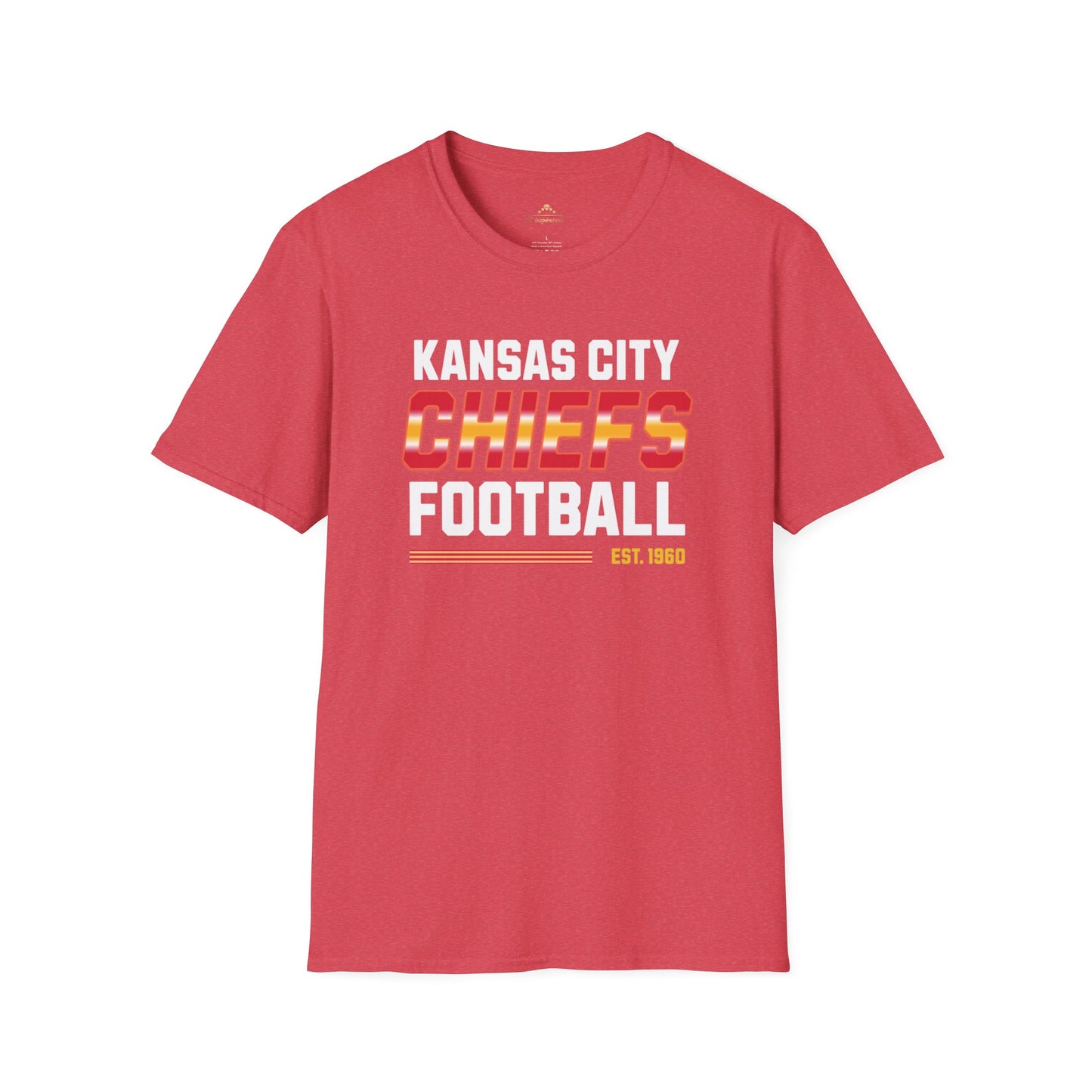 A dark grey t-shirt with the text "Kansas City Chiefs Football Est. 1960" printed on the front, perfect for showcasing your team pride. The word "Chiefs" is in large, uppercase letters with a red and yellow gradient fill, while the other text is in white and red—ideal fan gear for any supporter. This Kansas City Chiefs Football - Kansas City Chiefs Inspired T-Shirt by Printify is just what every fan needs to show their support.