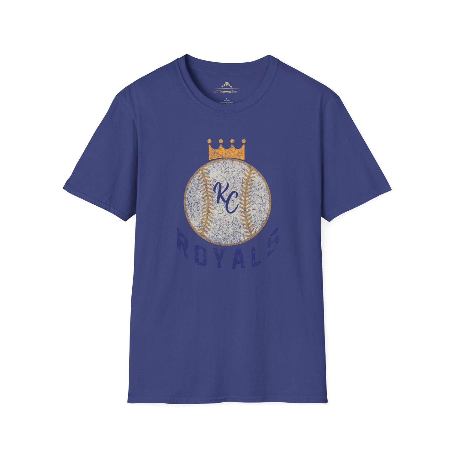 Light blue vintage Crown Baseball - Kansas City Royals Inspired T-Shirt featuring a graphic of a baseball with a crown on top. The letters "KC" are written in the center of the ball, and "Royals" is written in bold, navy blue text below the baseball graphic—a perfect tribute for Kansas City Royals fandom by KC Inspirations.