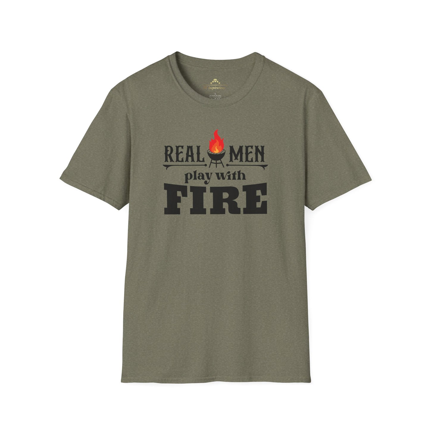 A gray-green Real Men Play With Fire - K.C. BBQ Inspired T-Shirt, featuring bold black letters and a flame icon above the "i" in "fire," is made from breathable lightweight fabric. Perfect for a casual ensemble, this shirt by KC Inspirations is displayed on a plain white background.