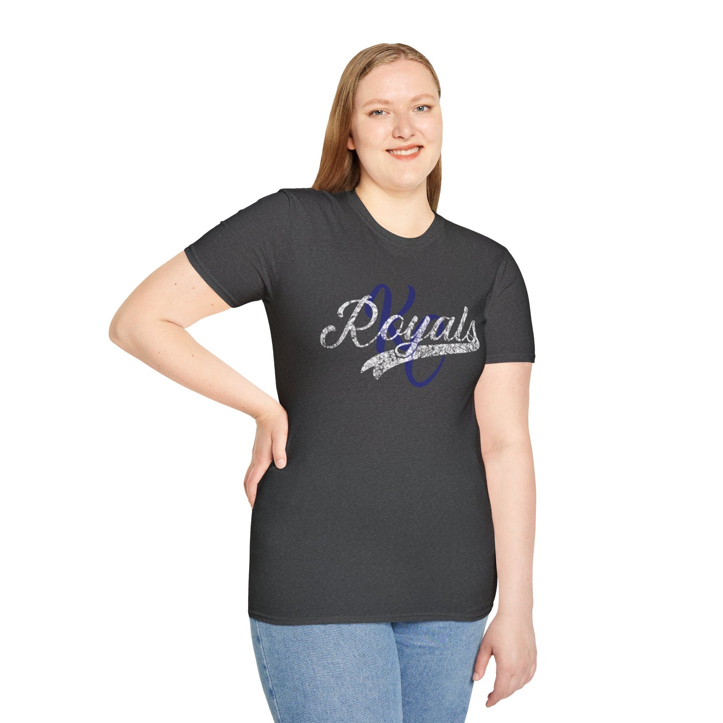 A gray vintage t-shirt featuring the word "Royals" in distressed graphics, written in a decorative script font across the chest in white and dark blue lettering. The short-sleeved Royal KC Semi Distressed - Kansas City Royals Inspired T-Shirt by KC Inspirations is displayed against a plain white background.