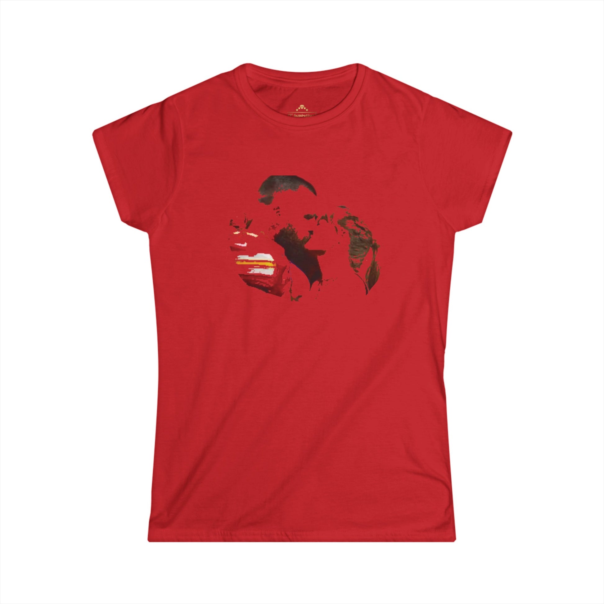 This Kansas City Chiefs-inspired women's T-shirt from KC Inspirations, named Swelce Kiss 89, features a red background with an artistic, abstract print in the center. The design incorporates black and white brushstrokes forming the rough shape of two faces. Part of our fan gear collection, it has a classic fit and a round neckline.