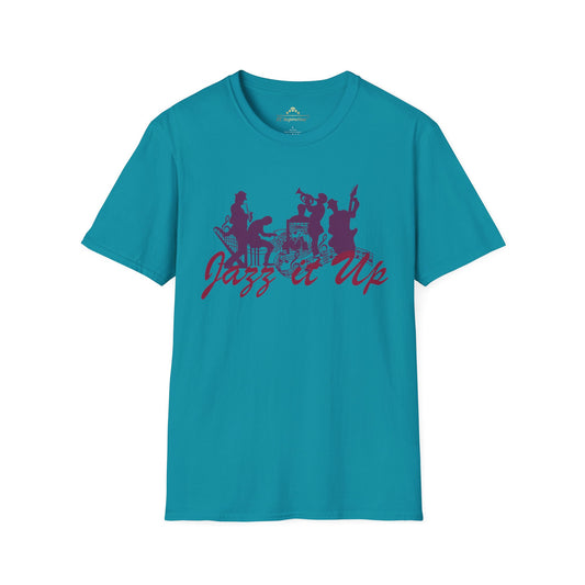 Teal-colored t-shirt featuring the silhouette of jazz musicians and dancers in purple. The text "Jazz it Up" is prominently displayed in stylish purple lettering underneath the silhouettes, making this KC Inspirations Jazz It Up - K.C. Jazz Inspired T-Shirt a tribute to the vibrant KC Jazz scene.