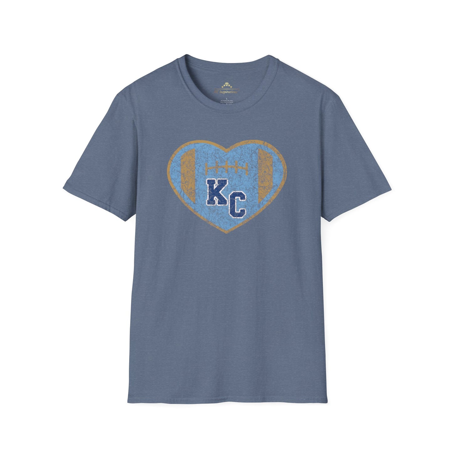 Blue short-sleeve t-shirt featuring a large Kansas City Royals heart graphic on the chest. Inside the heart are the letters "KC" set against a baseball-inspired background, perfect for showing off your Royals fandom. The shirt maintains a simple crew neck style. This is the Vintage KC Heart Blue & Gold - Kansas City Royals Inspired T-Shirt by KC Inspirations.