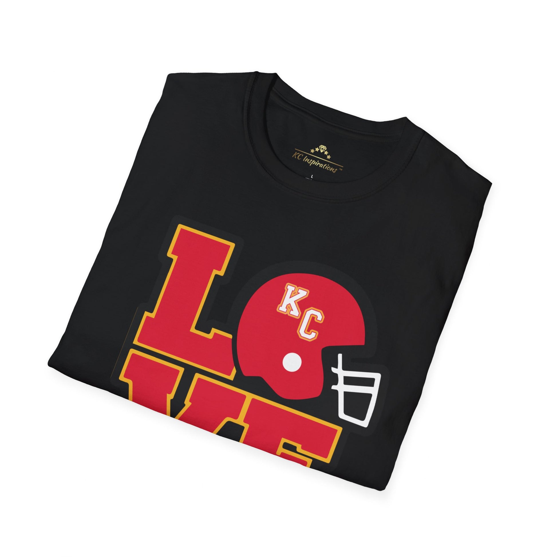 This black LOVE KC - Modern - Kansas City Chiefs Inspired T-Shirt by KC Inspirations features the word "LOVE" in large, bold red and yellow letters. The "O" is replaced by a red football helmet with a white facemask and "KC" on it, making it perfect fan gear for any Kansas City Chiefs supporter.