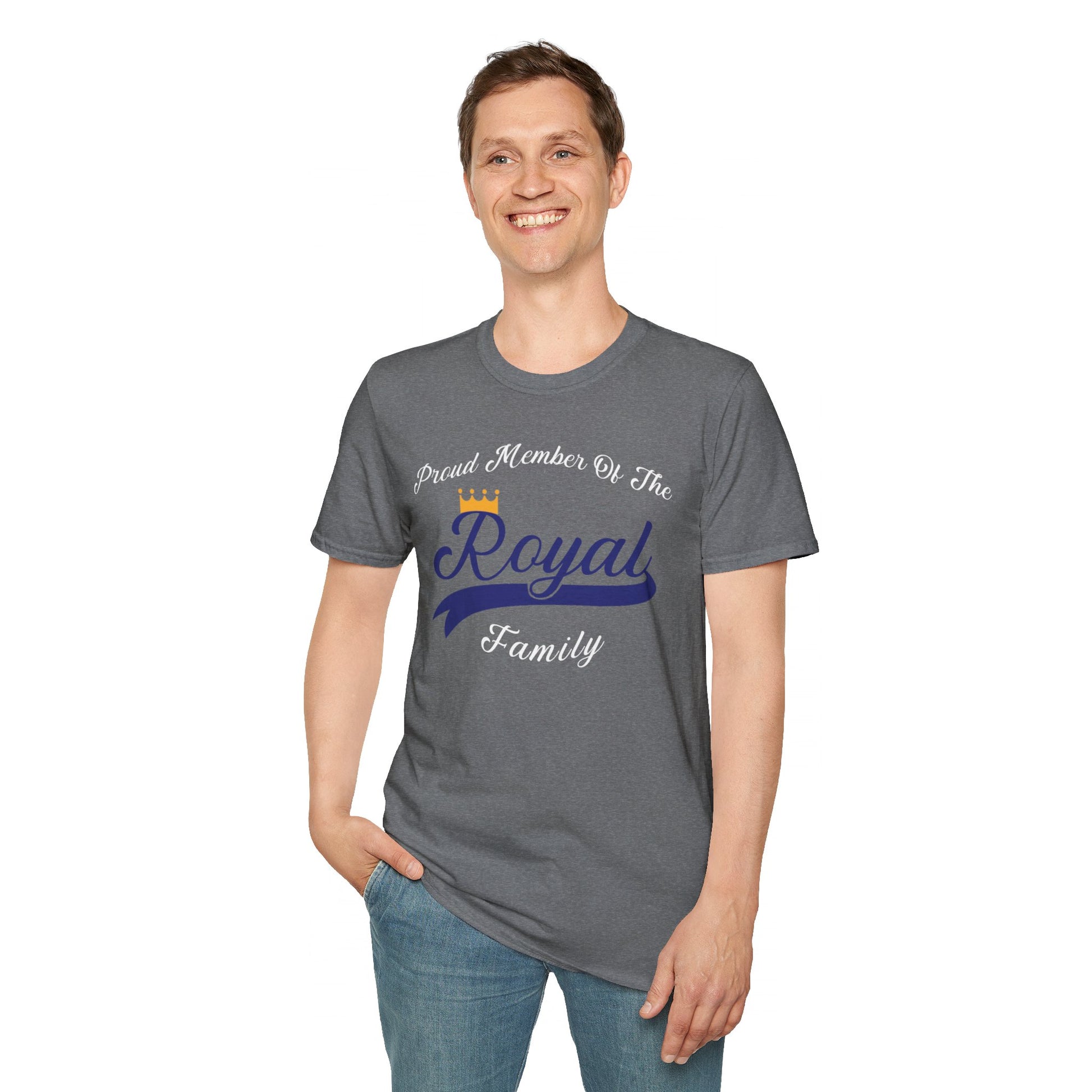 A light blue Member Of The Royal Family - Kansas City Royals Inspired T-Shirt by KC Inspirations features white and dark blue text proclaiming, "Proud Member of The Royal Family," complete with a small crown above "Royal," capturing team spirit in true Kansas City Royals style.