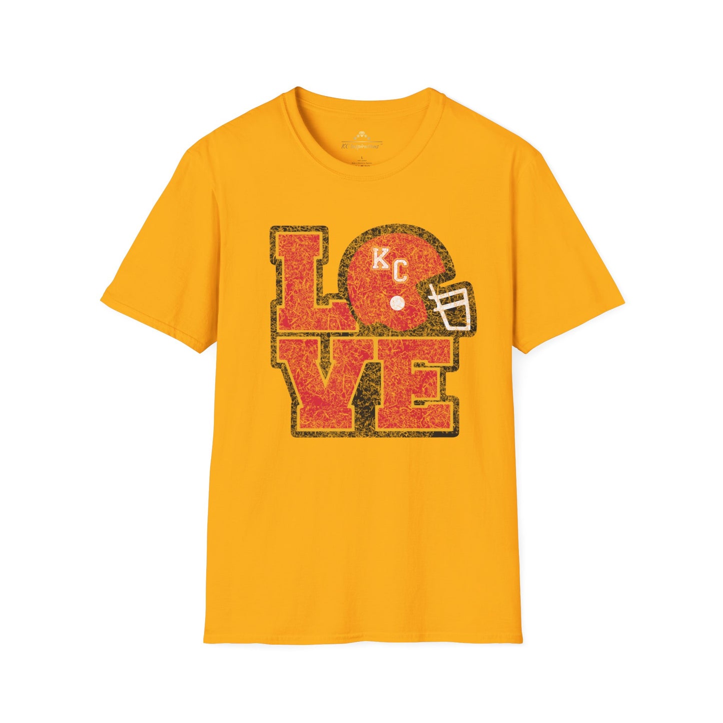 A KC Inspirations LOVE KC - Distressed - Kansas City Chiefs Inspired T-Shirt featuring a vintage feel graphic design with the word "LOVE" in bold red and yellow letters. Instead of the letter "O," there is a red football helmet with the letters "KC" on it, showcasing your LOVE KC and support for the Kansas City Chiefs.