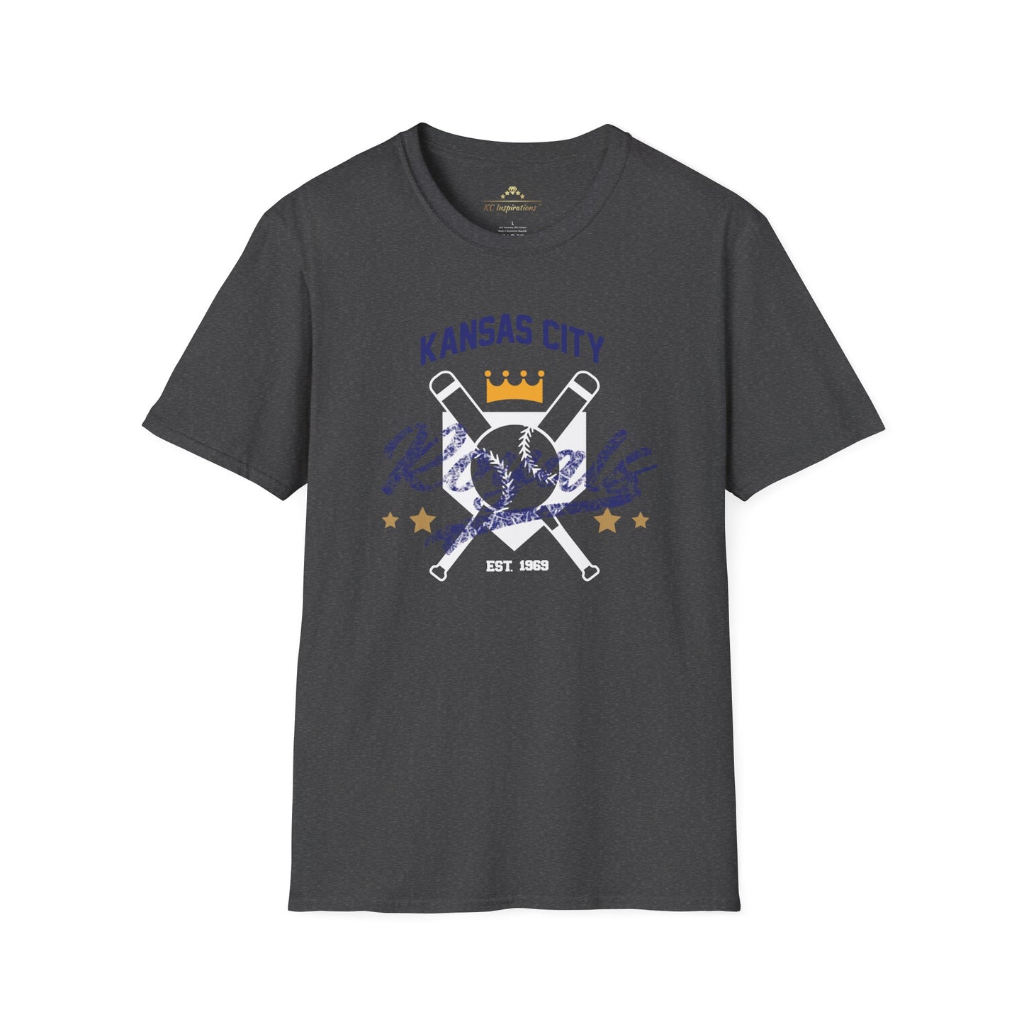 A blue T-shirt with the text "Kansas City Royals" at the top, a yellow crown above crossed baseball bats in the center, and "EST. 1969" below. The KC Royal Graphic Blend - Kansas City Royals Inspired T-Shirt from KC Inspirations also features the Royals' logo with two stars on either side, showcasing true team spirit.