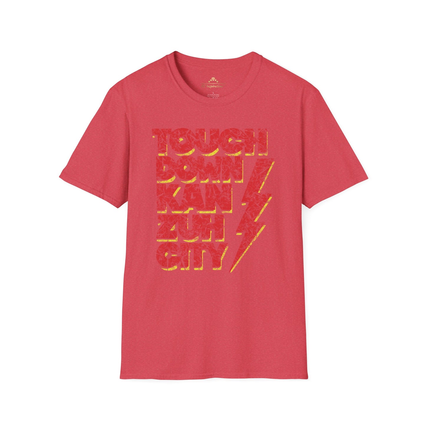 A **Touchdown KanZuhCity - Kansas City Chiefs Inspired T-Shirt** from **KC Inspirations** with a graphic design that reads "TOUCH DOWN KAN ZUS CITY" in bold, red and yellow distressed letters. A red and yellow lightning bolt graphic is located to the right of the text, making it perfect gameday gear for Kansas City Chiefs fans.