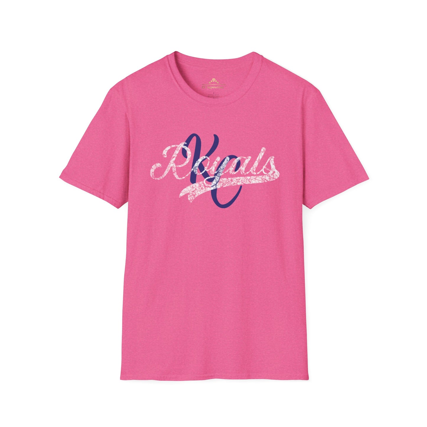 A gray vintage t-shirt featuring the word "Royals" in distressed graphics, written in a decorative script font across the chest in white and dark blue lettering. The short-sleeved Royal KC Semi Distressed - Kansas City Royals Inspired T-Shirt by KC Inspirations is displayed against a plain white background.