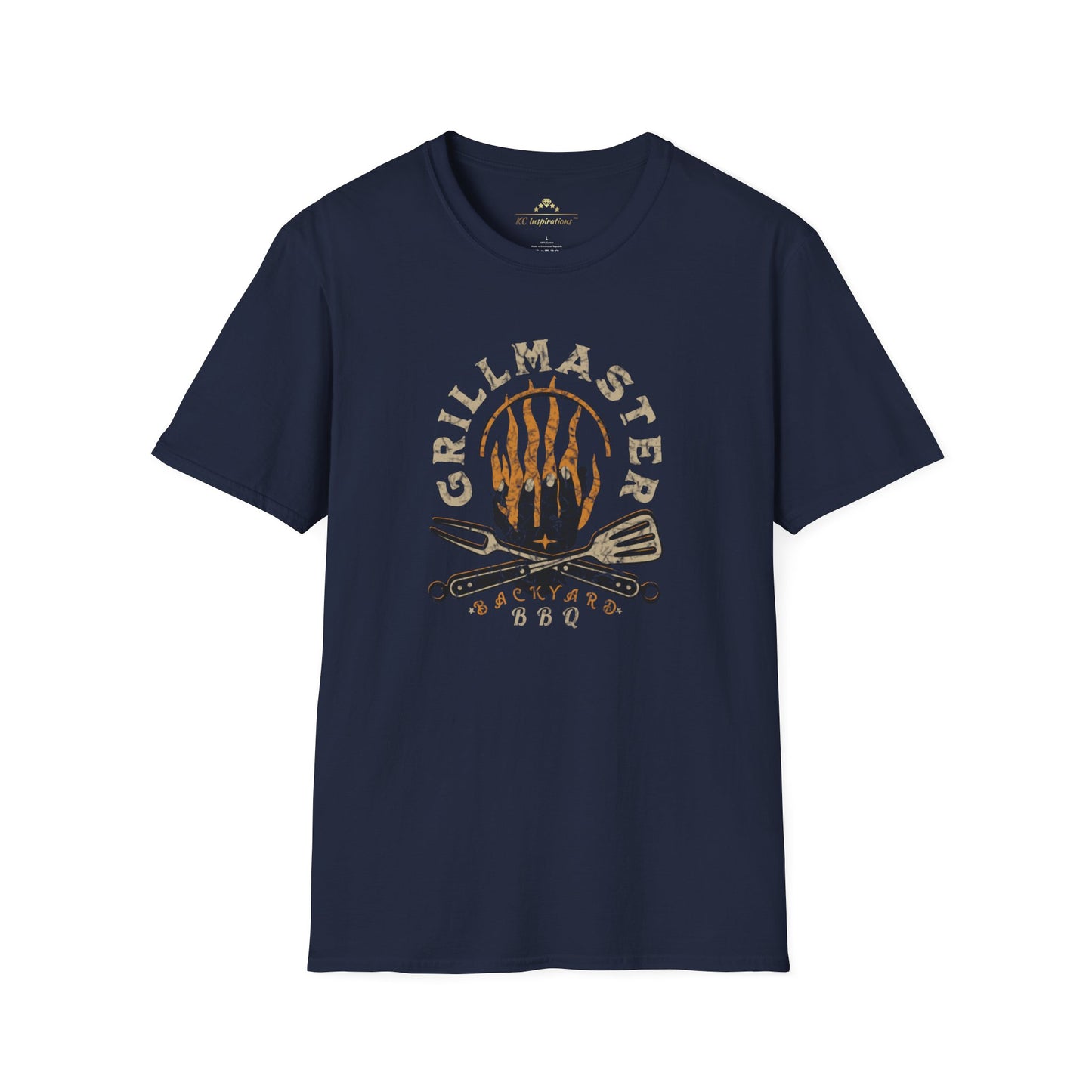 A navy blue short-sleeved **Grill Master Backyard BBQ - K.C. BBQ Inspired T-Shirt** from **KC Inspirations** with a "Grill Master" design on the front. The design features crossed barbecue utensils and flames, with "Kansas City Backyard BBQ" below.