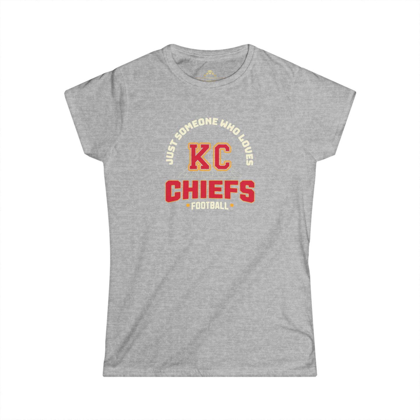 A red Kansas City Chiefs t-shirt with a design in the center that says "Just Someone Who Loves KC Chiefs Football" in white and yellow text. The letters "KC" are prominently displayed in a larger, bold font, making it perfect team spirit apparel for tailgating wear. This is the Just Someone Who Loves - Kansas City Chiefs Inspired Women's T-Shirt by KC Inspirations.