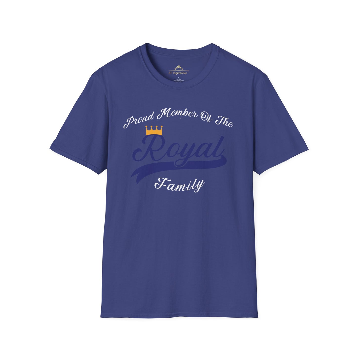 A light blue Member Of The Royal Family - Kansas City Royals Inspired T-Shirt by KC Inspirations features white and dark blue text proclaiming, "Proud Member of The Royal Family," complete with a small crown above "Royal," capturing team spirit in true Kansas City Royals style.