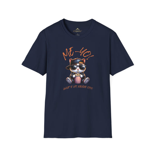 A navy blue KC Inspirations Me-Yo! - KC Kitty T-Shirt featuring a cartoon cat known as KC Kitty, wearing sunglasses and a hat, holding popcorn with the text "ME-YO!" above and "What's Up, Kansas City?" below. Perfect for cat lovers!