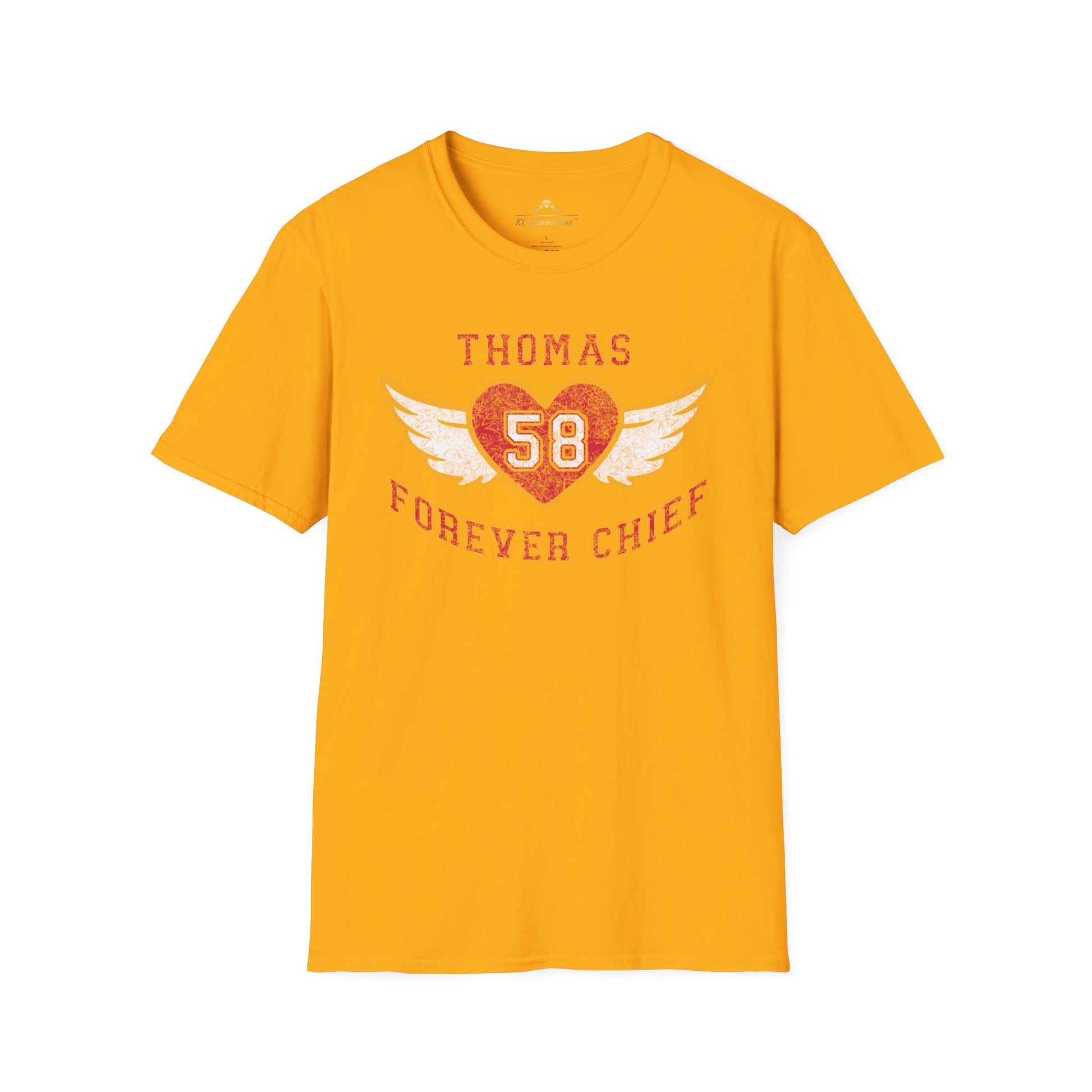 #58 Forever Chief Tribute - Vintage - Kansas City Chiefs Inspired T-Shirt by KC Inspirations featuring a vintage throwback design with the text "THOMAS 58 FOREVER CHIEF" in red and yellow letters. The number 58 is displayed inside a red heart with white wings on either side, paying homage to Derrick Thomas and the Kansas City Chiefs.