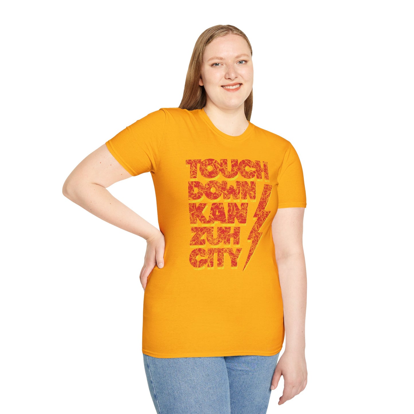 The Touchdown KanZuhCity - Kansas City Chiefs Inspired T-Shirt by KC Inspirations is a vintage black tee adorned with bold red text that reads "Touchdown KanZuhCity" and features a stylized red and yellow lightning bolt running alongside the text, making it perfect for Kansas City Chiefs fans.