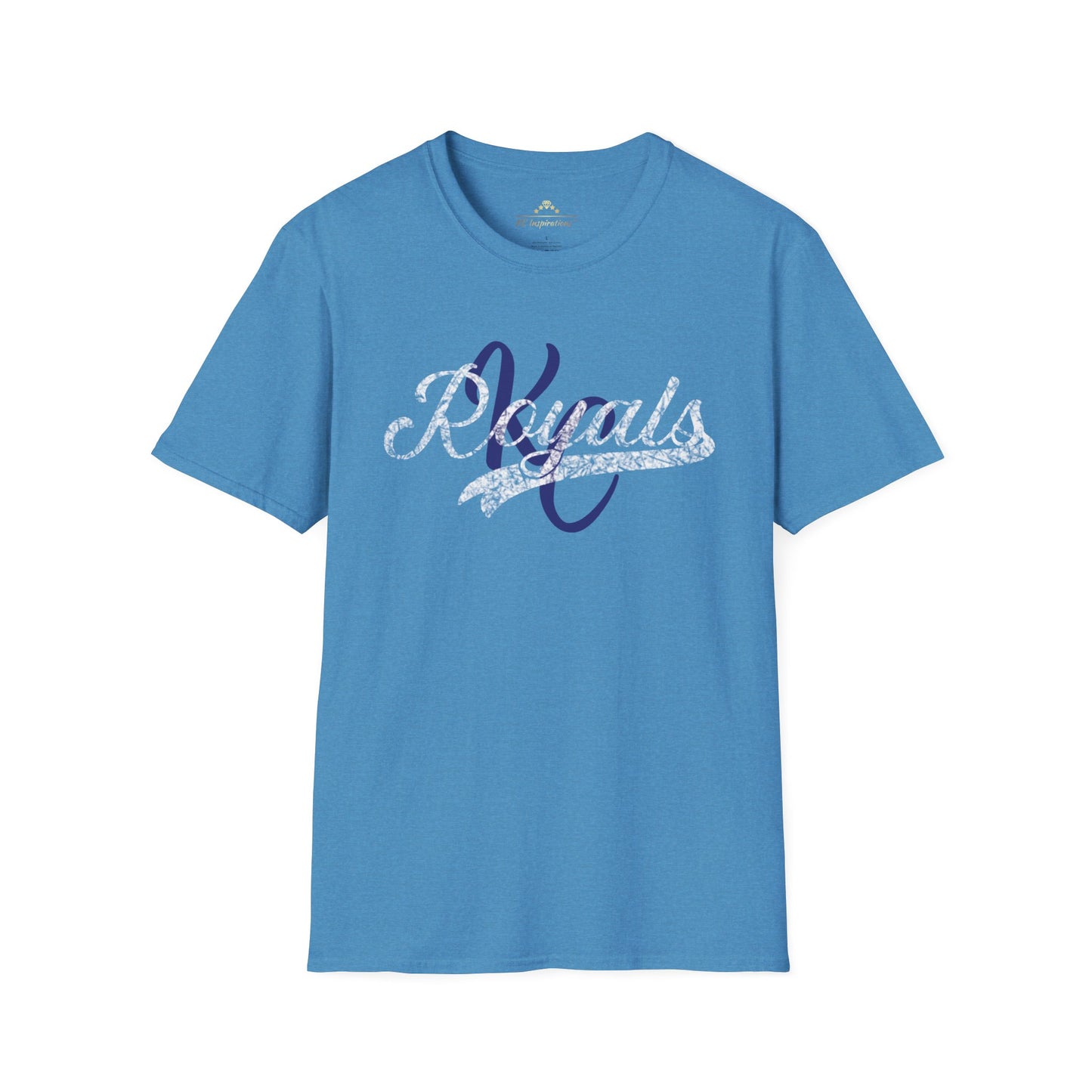 A gray vintage t-shirt featuring the word "Royals" in distressed graphics, written in a decorative script font across the chest in white and dark blue lettering. The short-sleeved Royal KC Semi Distressed - Kansas City Royals Inspired T-Shirt by KC Inspirations is displayed against a plain white background.