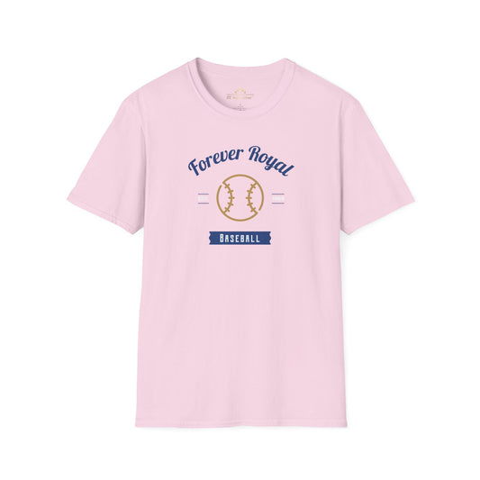 A light pink t-shirt with the words "Forever Royal" above a graphic of a baseball and the word "Baseball" below, celebrating Kansas City Royals team spirit. The text and graphic are centered on the front of the shirt, featuring blue and gold accents. Introducing the **Forever Royal Gold - Kansas City Royals Inspired T-Shirt** by **KC Inspirations**.