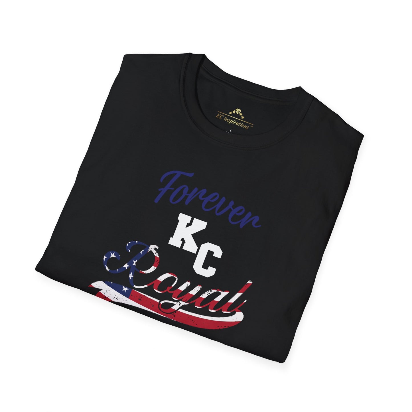 A black t-shirt with "Forever KC Royal" printed on it. The word "KC" is in bold white letters, "Royal" has an American flag pattern, and "Forever" is in blue cursive, perfect for showing team spirit as part of the Forever Royal American - Kansas City Royals Inspired T-Shirt collection by KC Inspirations.