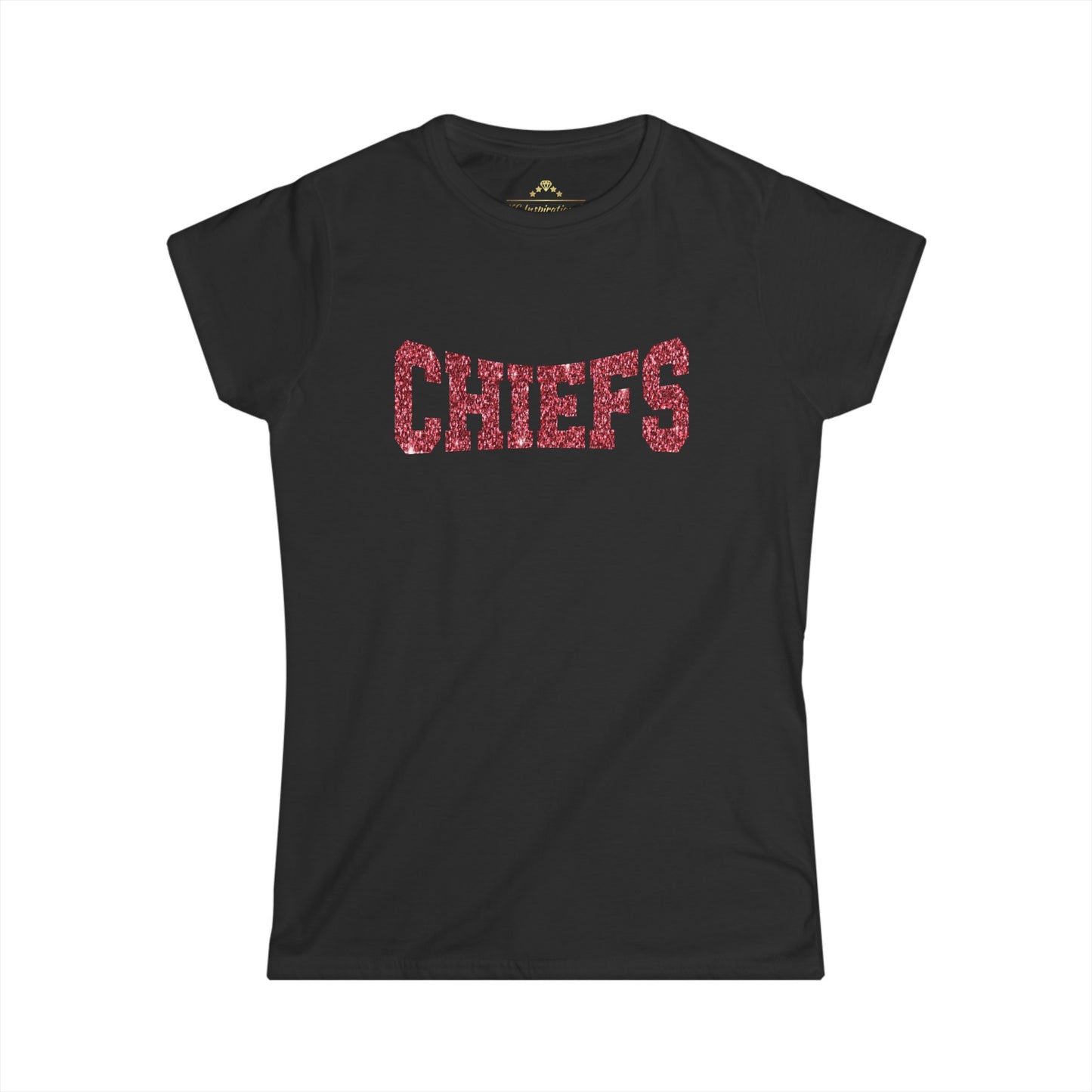 A black T-shirt, inspired by the Kansas City Chiefs, features the word "CHIEFS" in large, red glittery letters across the chest. This Red Sparkle Chiefs - Kansas City Chiefs Inspired Women's T-Shirt from KC Inspirations comes with short sleeves and a crew neckline—perfect game day attire.