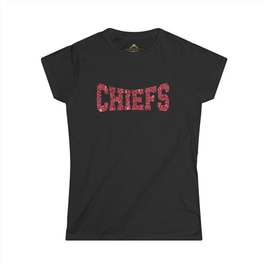 A black T-shirt, inspired by the Kansas City Chiefs, features the word "CHIEFS" in large, red glittery letters across the chest. This Red Sparkle Chiefs - Kansas City Chiefs Inspired Women's T-Shirt from KC Inspirations comes with short sleeves and a crew neckline—perfect game day attire.